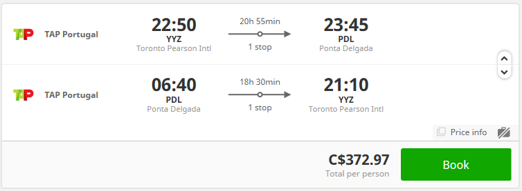 Flight Deal from YYZ to PDL, Jan 19 - Jan 25, 2020